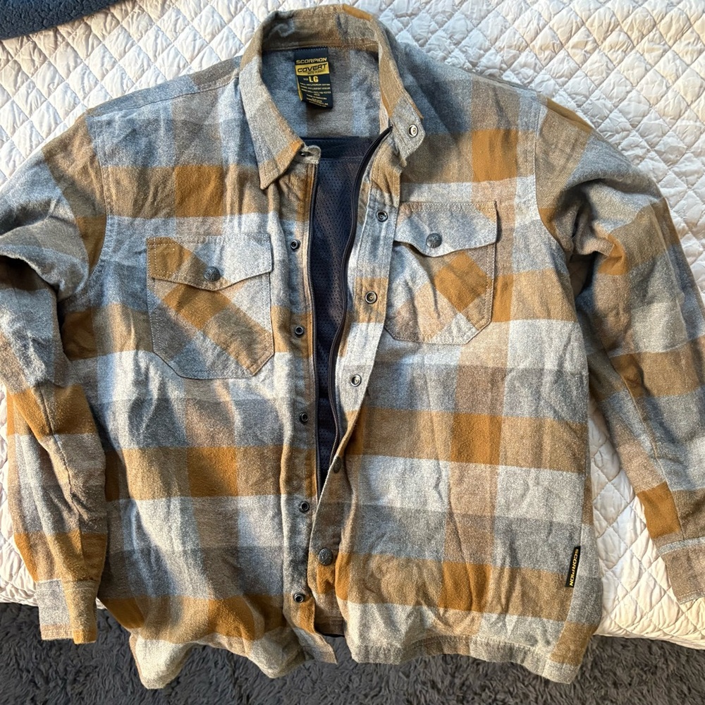 Men's Plaid Flannel Motorcycle Shirt in Gray and Brown. Scorpion Covert. LG